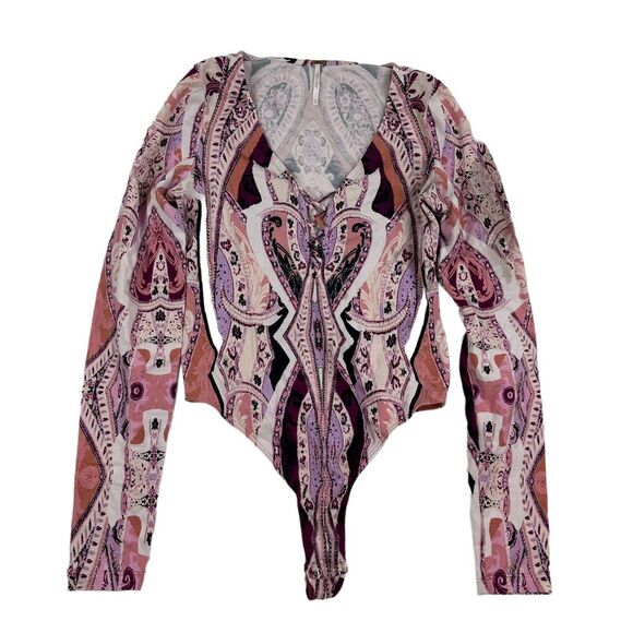 Free People Pink Purple Paisley V-Neck Long Sleeve Bodysuit Sz S - Picture 1 of 7